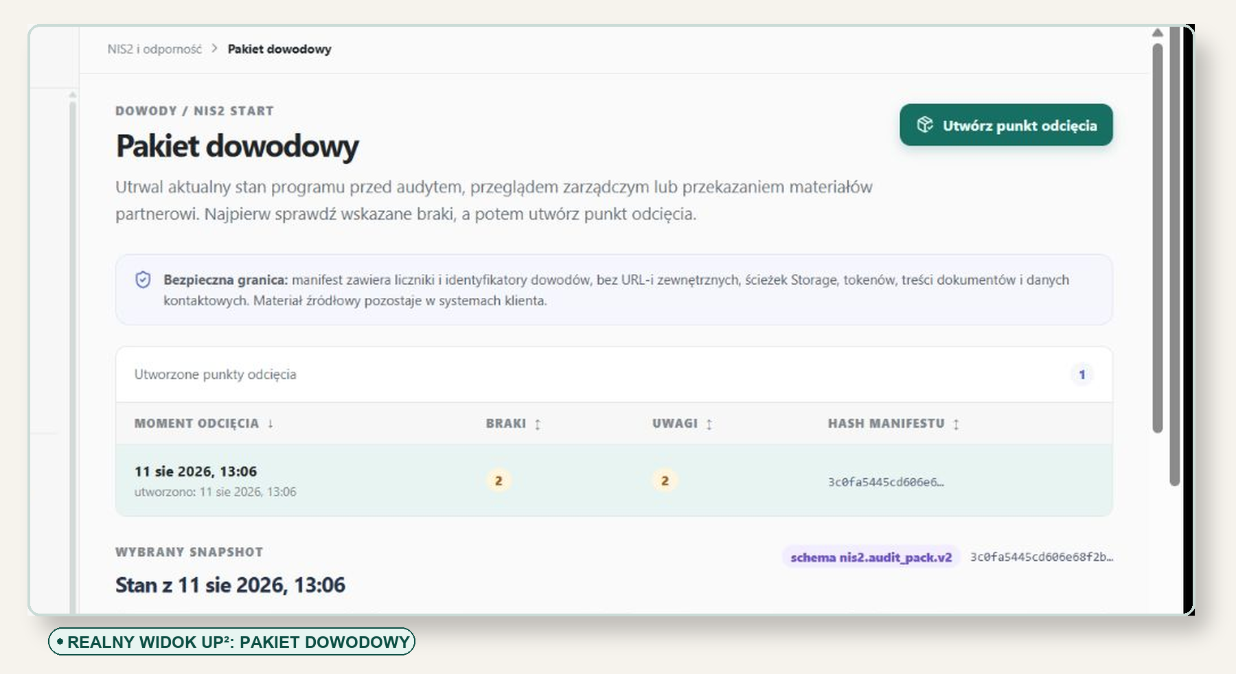 Rzeczywisty ekran UP² przedstawiający pakiet dowodowy programu KSC